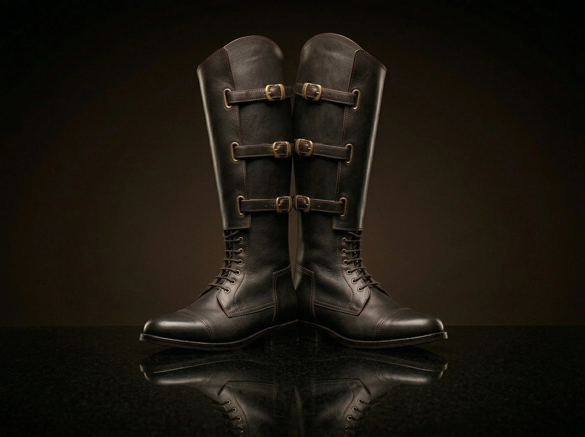 Front view of NOIRTIDE handmade 1940 US Army Cavalry field boots