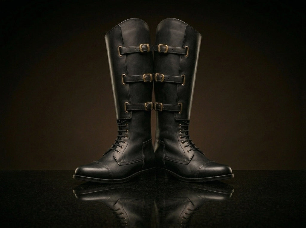 Front view of NOIRTIDE handmade 1940 US Army Cavalry field boots