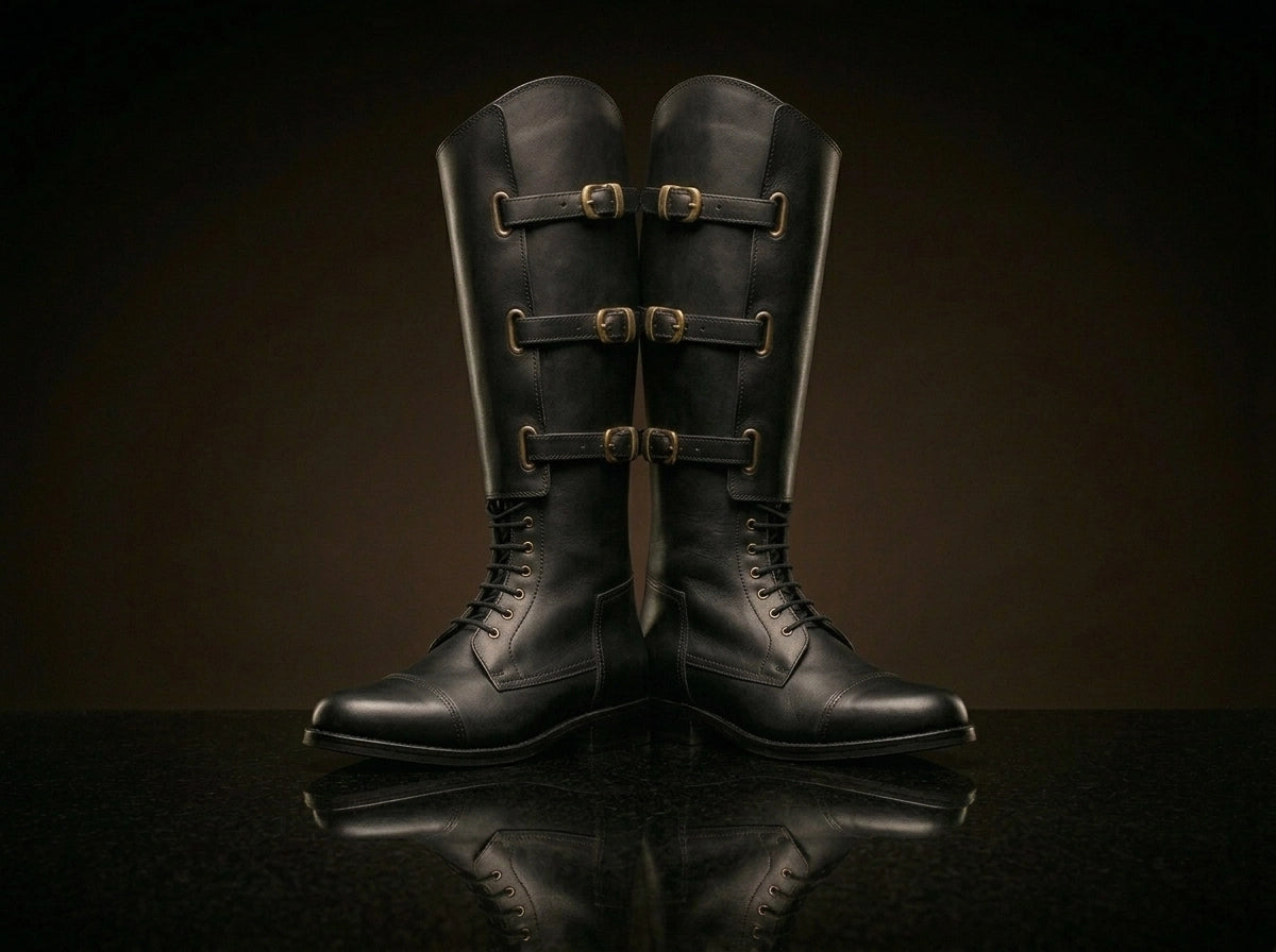 Front view of NOIRTIDE handmade 1940 US Army Cavalry field boots