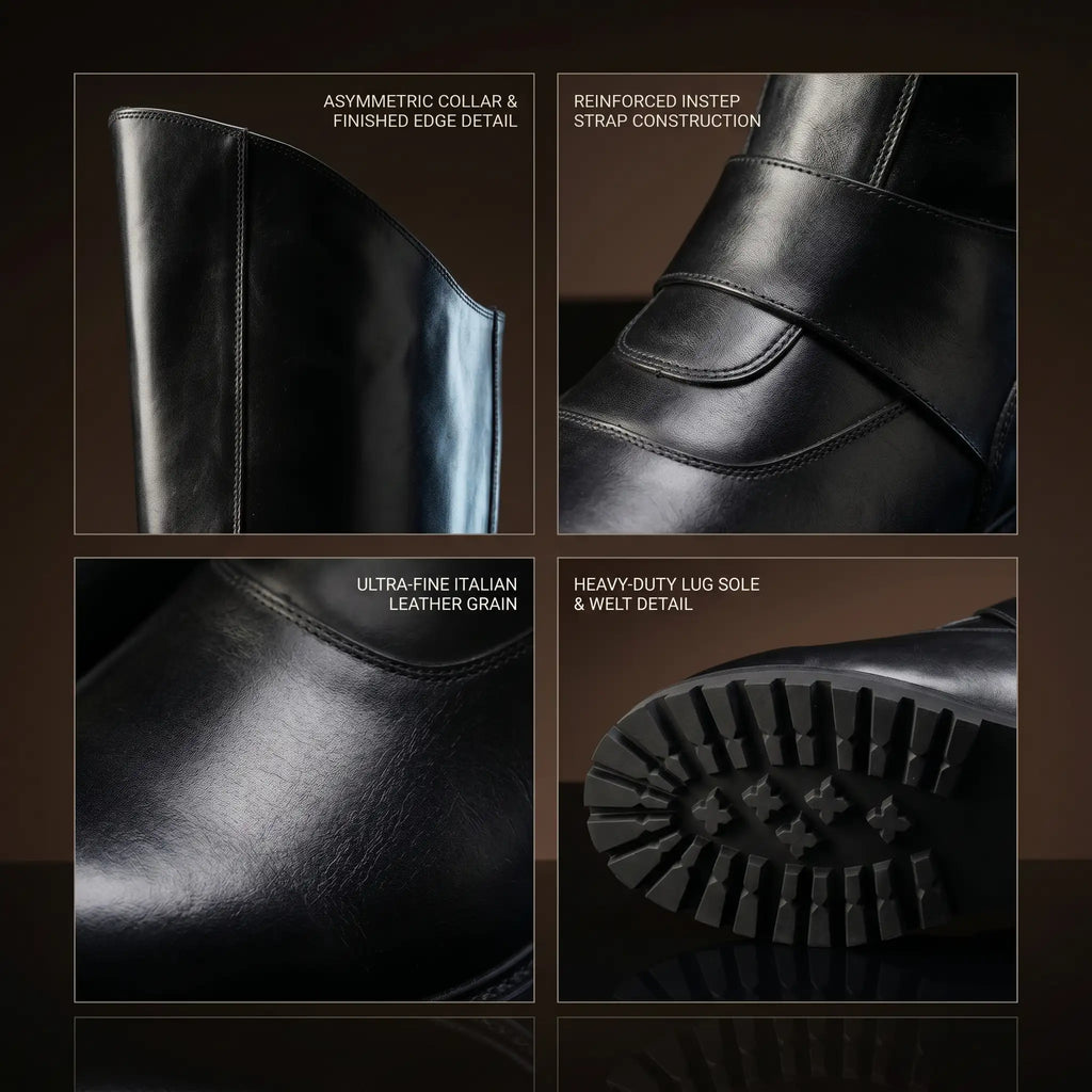 High-polish leather finish on NOIRTIDE Batman Returns boots