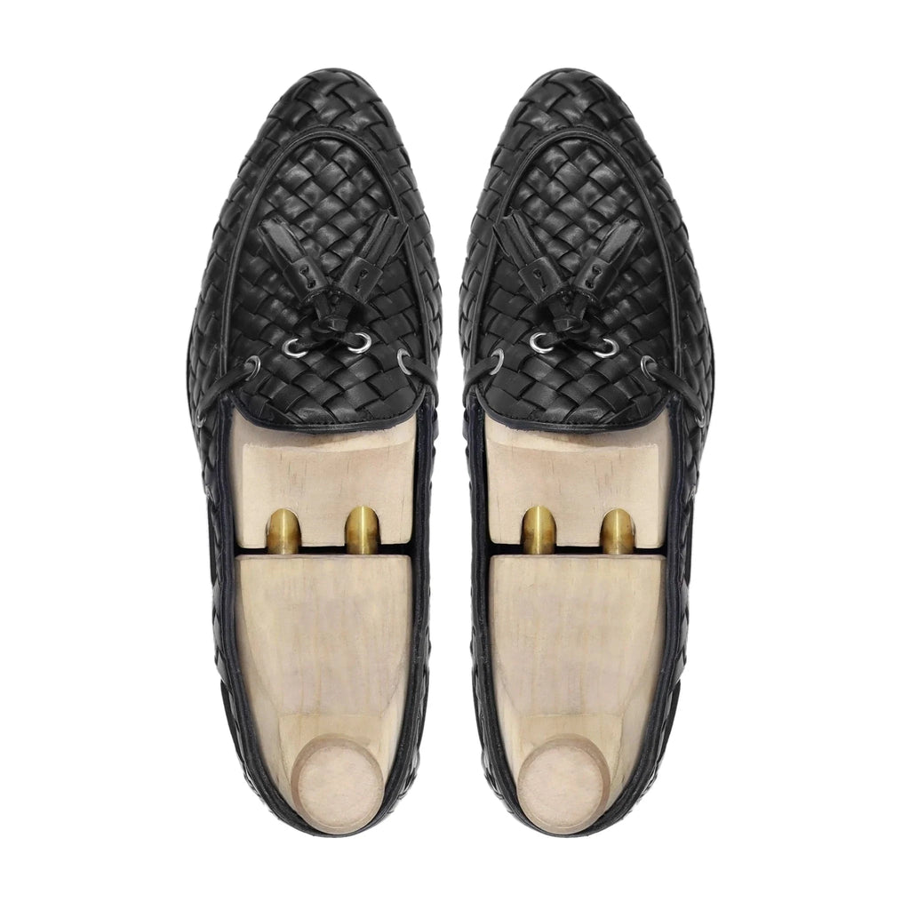 Noirtide Bespoke Black Woven Tessel Loafers For Men
