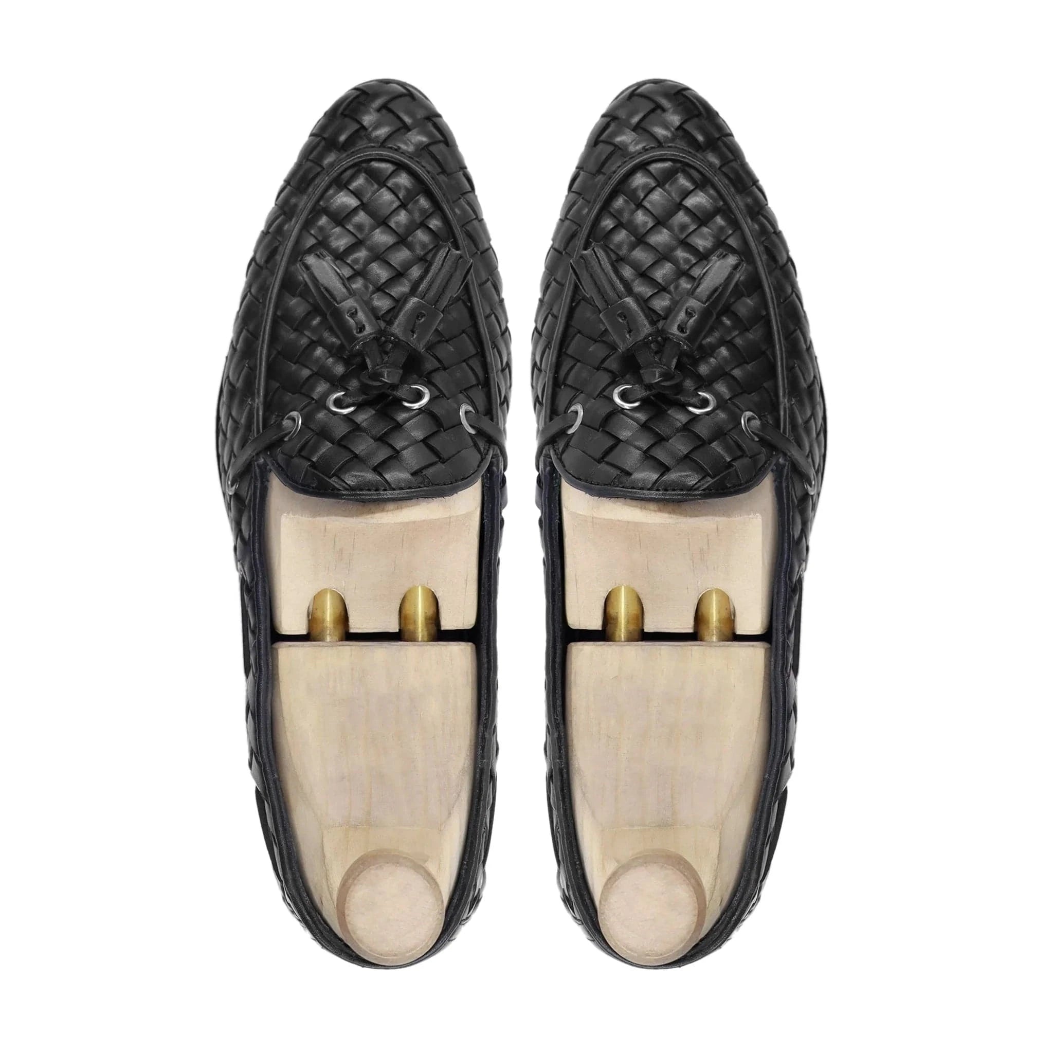 Noirtide Bespoke Black Woven Tessel Loafers For Men