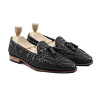 Noirtide Bespoke Black Woven Tessel Loafers For Men