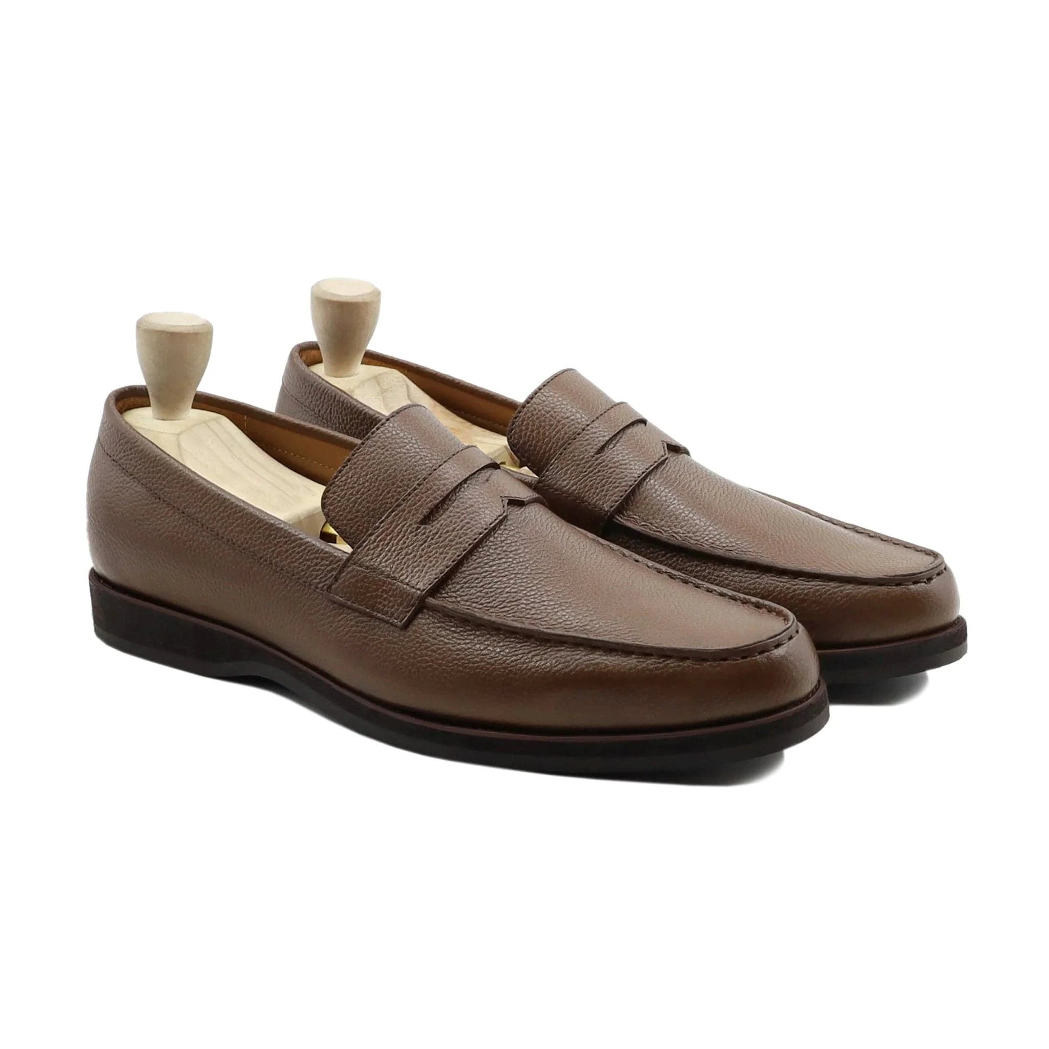 Noirtide Bespoke Brown Pebble Grain Leather Penny Loafers For Men