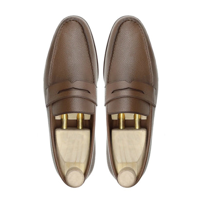 Noirtide Bespoke Brown Pebble Grain Leather Penny Loafers For Men