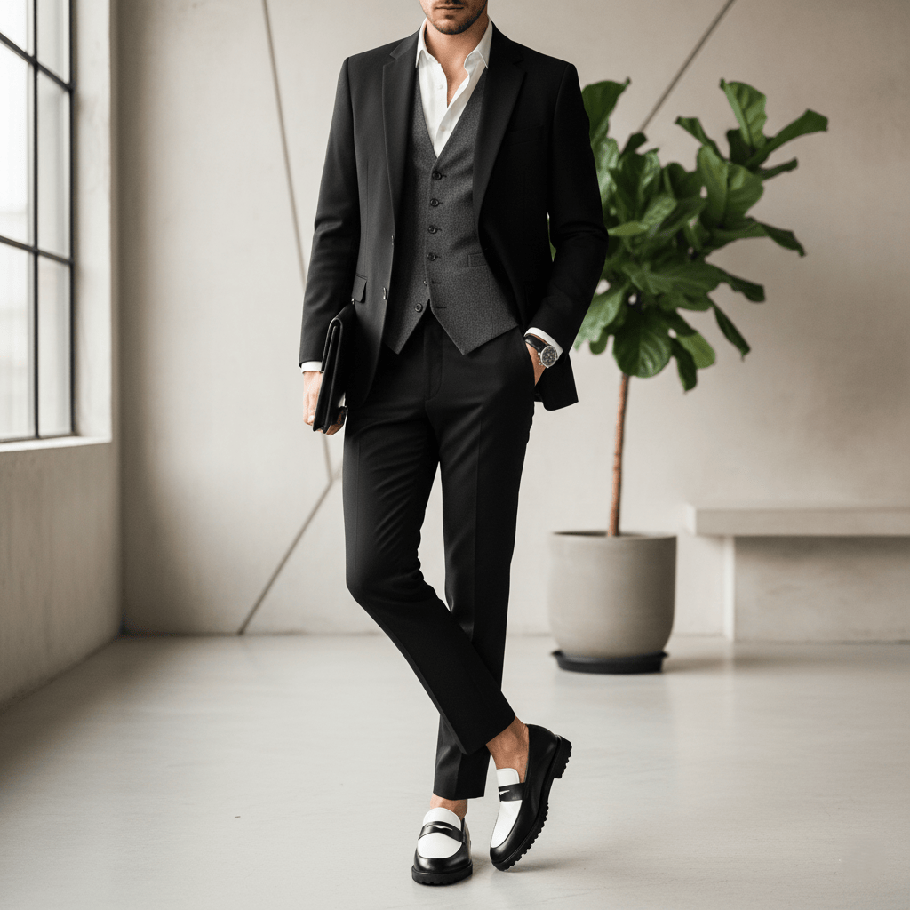 Noirtide Bespoke Men's Black and White Calf Leather Loafer