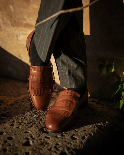 Noirtide Bespoke Men’s Tan Calf Leather Double Strap Loafer with Buckle Design