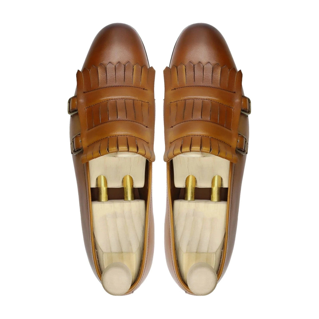 Noirtide Bespoke Men’s Tan Calf Leather Double Strap Loafer with Buckle Design