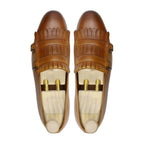 Noirtide Bespoke Men’s Tan Calf Leather Double Strap Loafer with Buckle Design