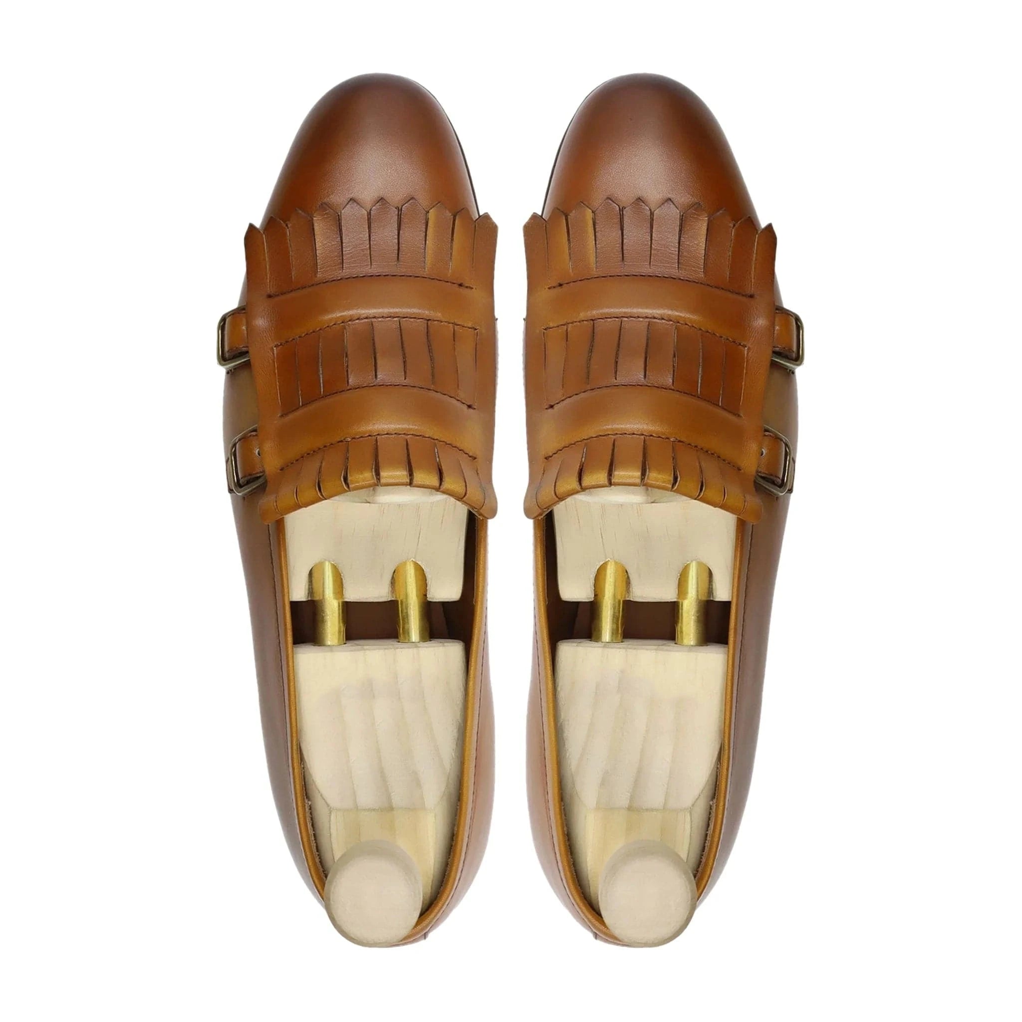 Noirtide Bespoke Men’s Tan Calf Leather Double Strap Loafer with Buckle Design