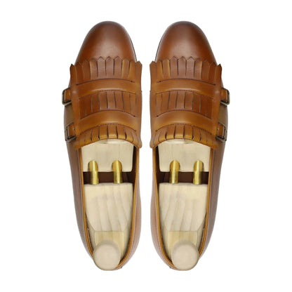 Noirtide Bespoke Men’s Tan Calf Leather Double Strap Loafer with Buckle Design