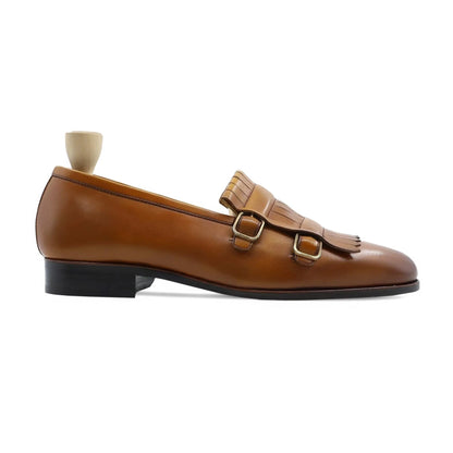 Noirtide Bespoke Men’s Tan Calf Leather Double Strap Loafer with Buckle Design