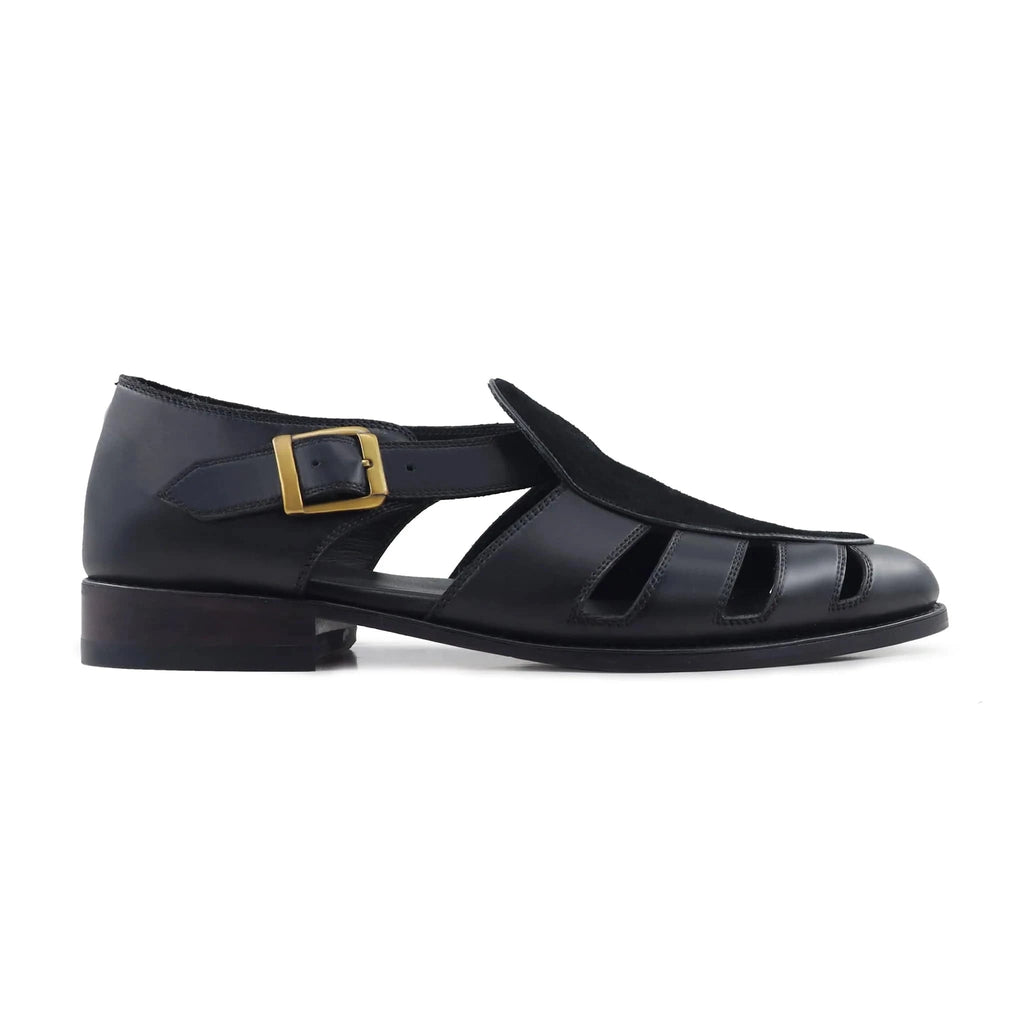 Noirtide Black Calf Leather & Suede Mens Sandal