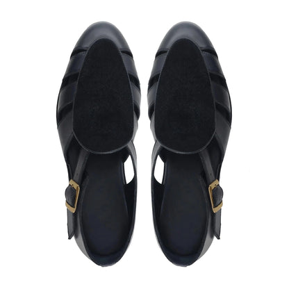 Noirtide Black Calf Leather & Suede Mens Sandal