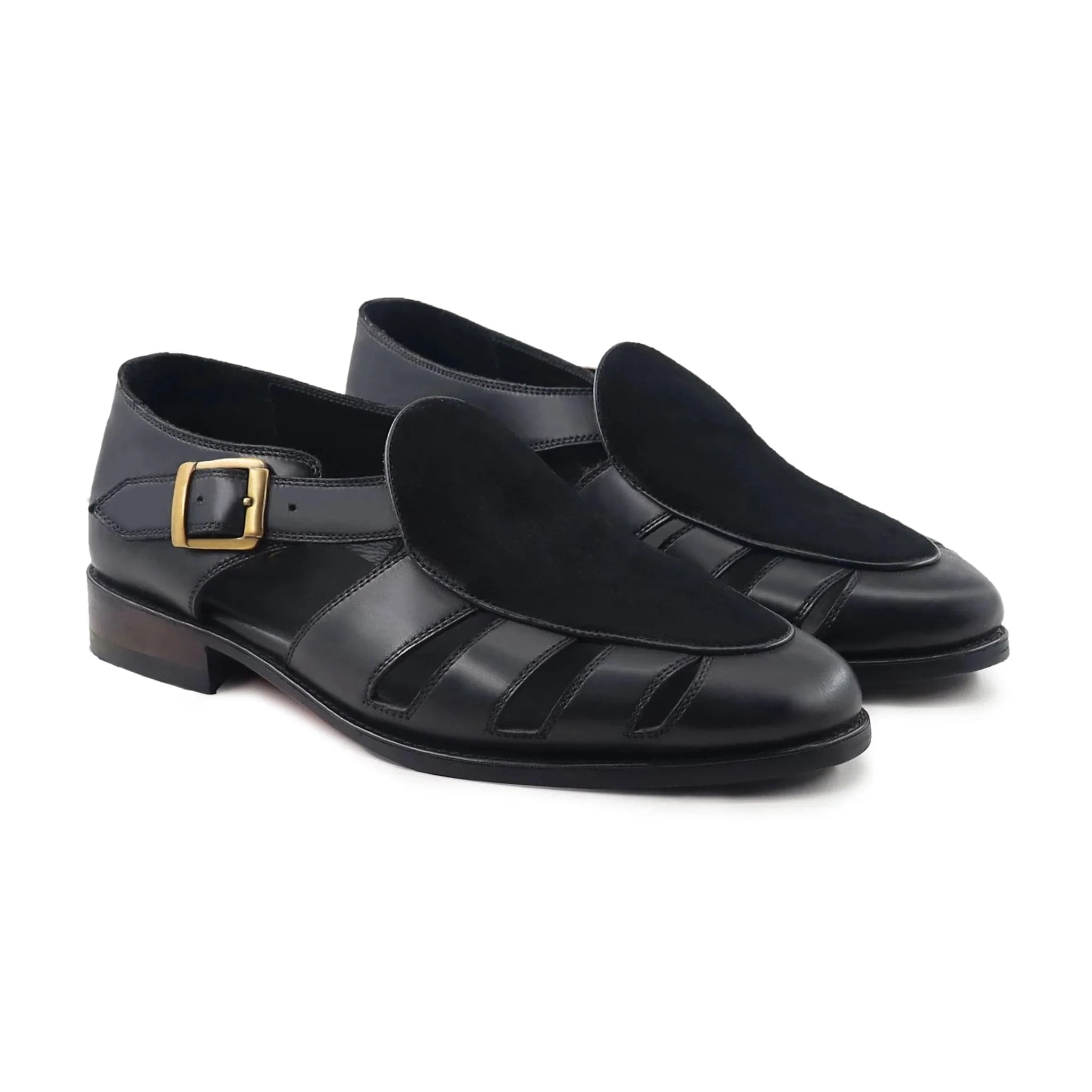 Noirtide Black Calf Leather & Suede Mens Sandal