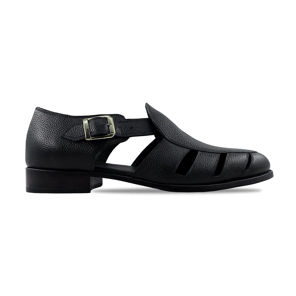 Noirtide Black Pebble Grain Leather Men’s Sandal