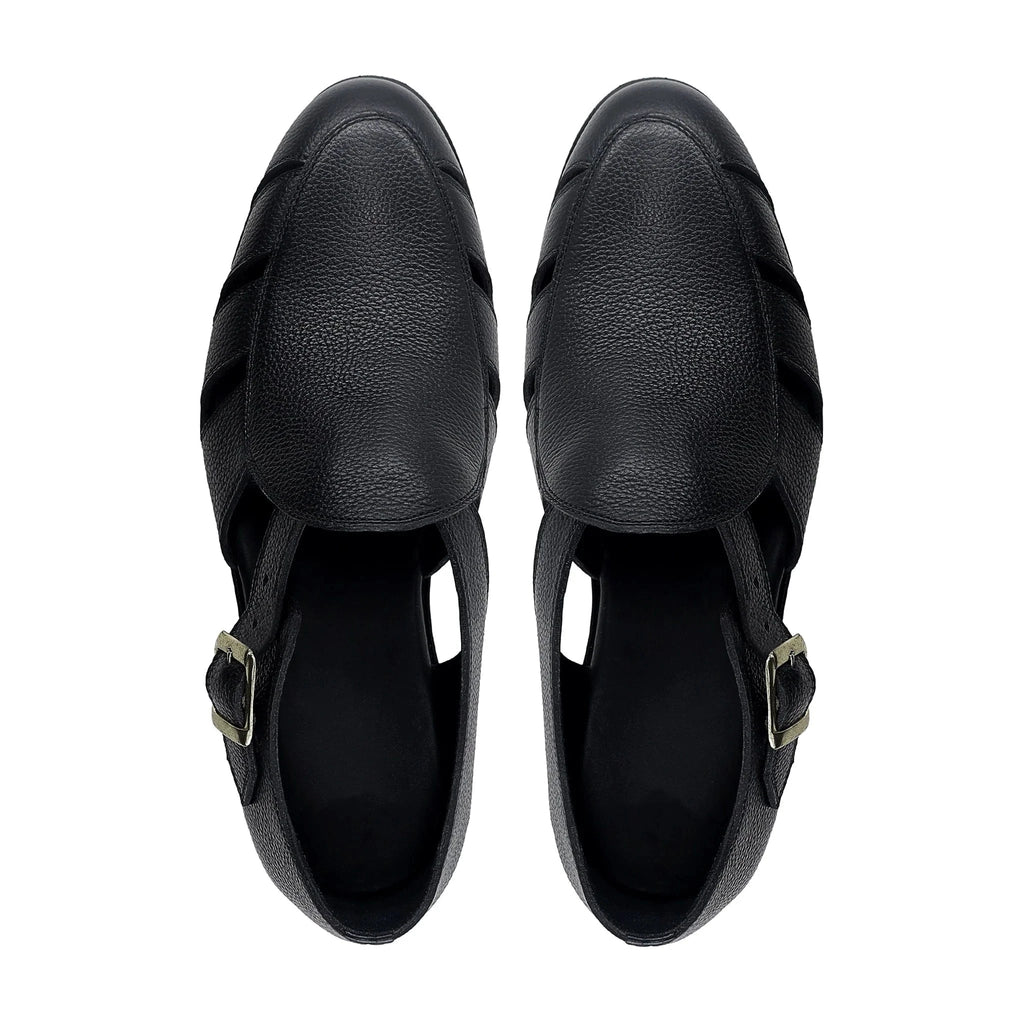 Noirtide Black Pebble Grain Leather Men’s Sandal