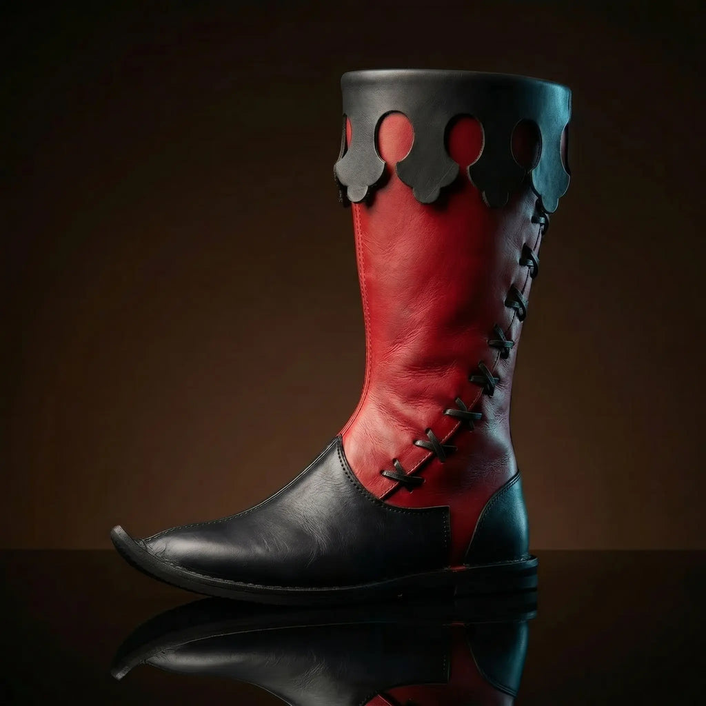 Lacing detail on NOIRTIDE custom red Viking medieval boots