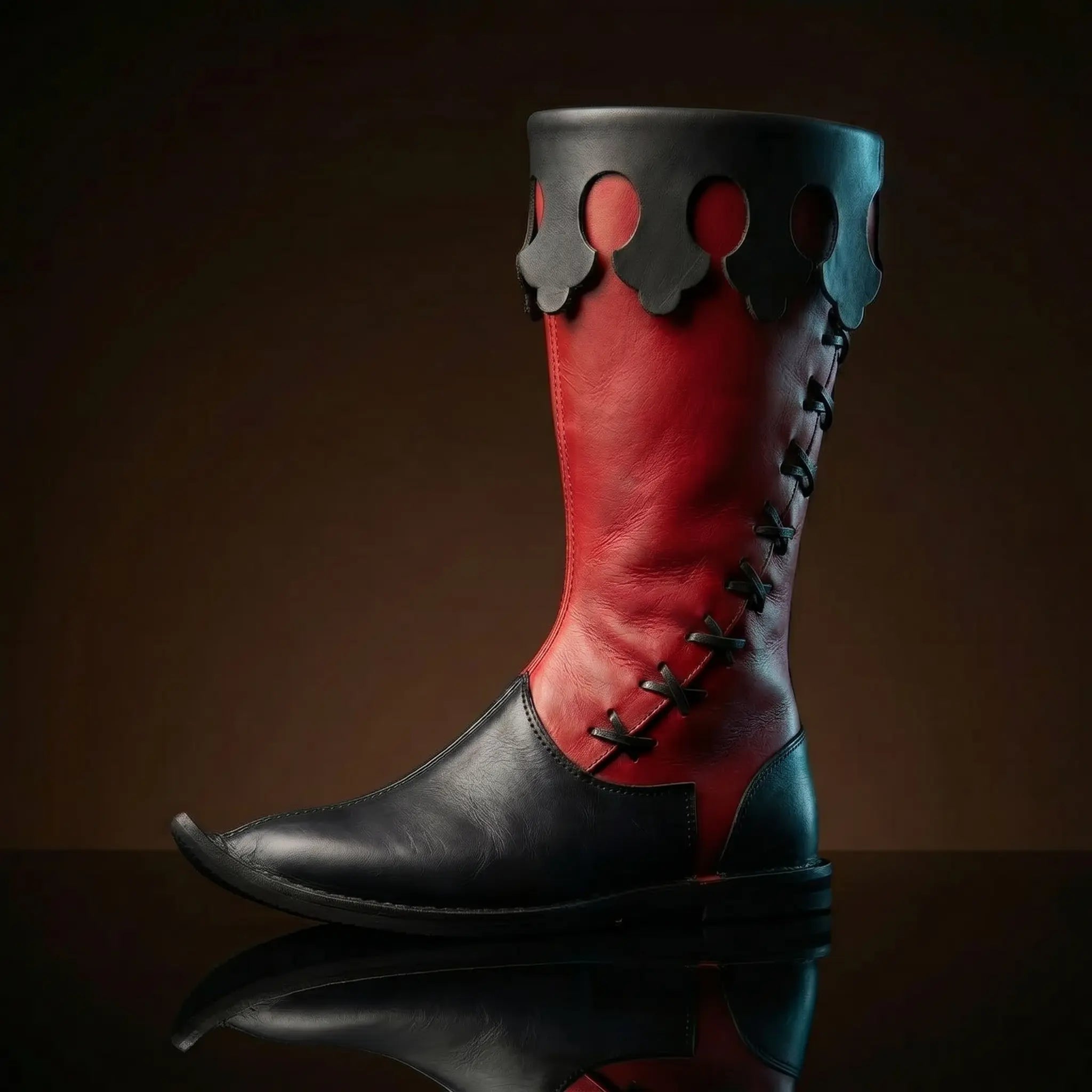 Lacing detail on NOIRTIDE custom red Viking medieval boots