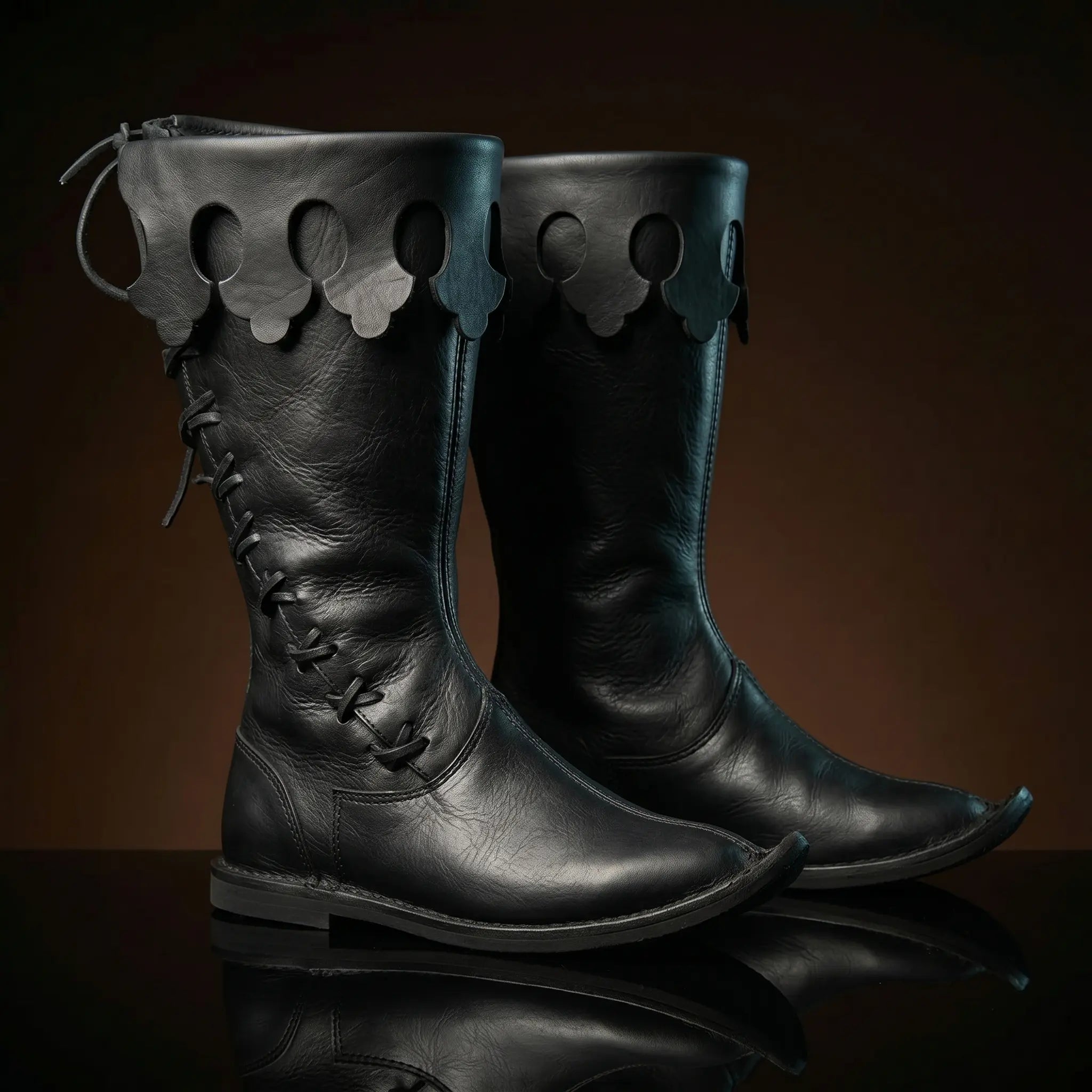Pair of custom black Viking lace-up medieval boots by NOIRTIDE