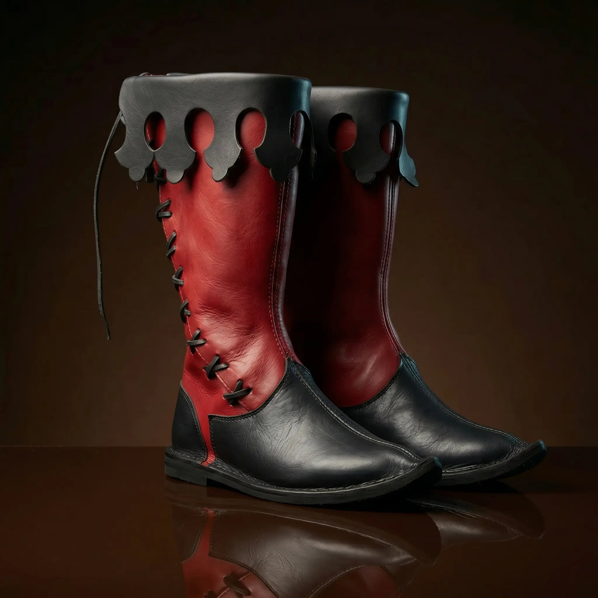 Black and red leather lace-up Viking medieval knee-high boots — NOIRTIDE