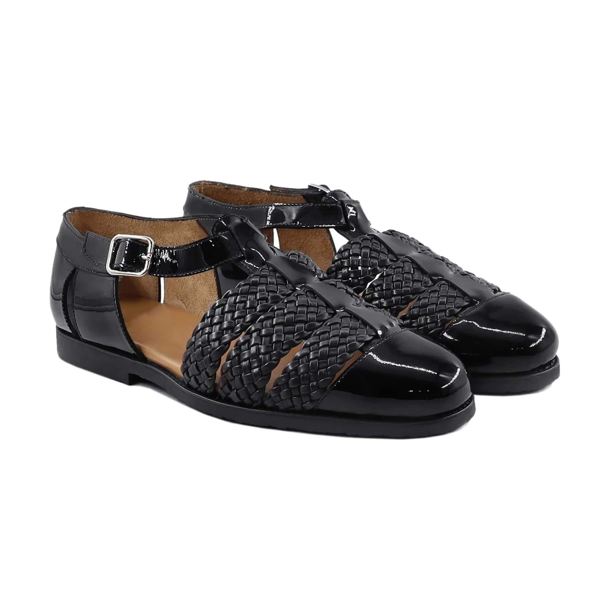 Noirtide Black Woven Calf & Patent Leather Men Sandal