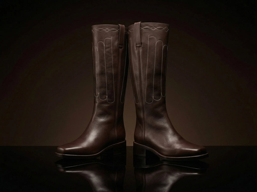 Front view of NOIRTIDE handmade Civil War cathedral tall boots