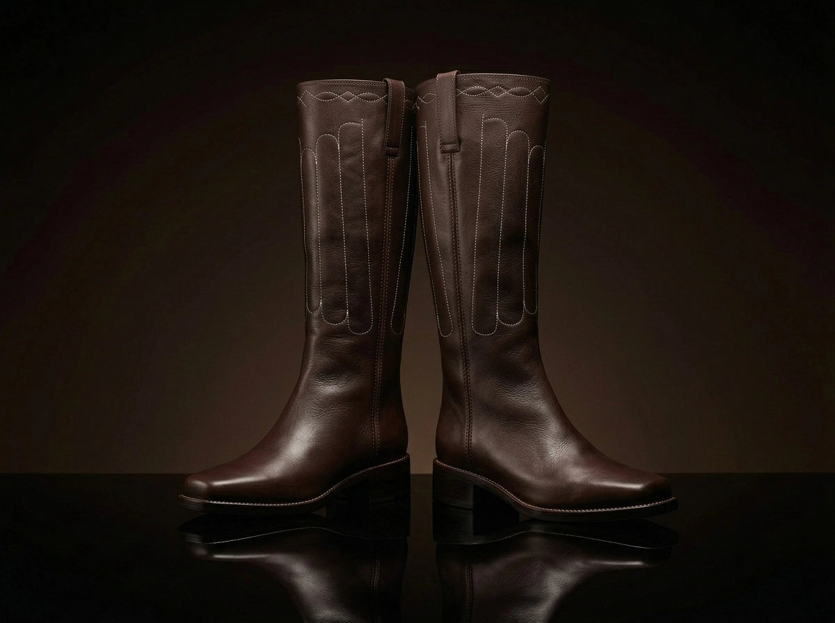 Front view of NOIRTIDE handmade Civil War cathedral tall boots