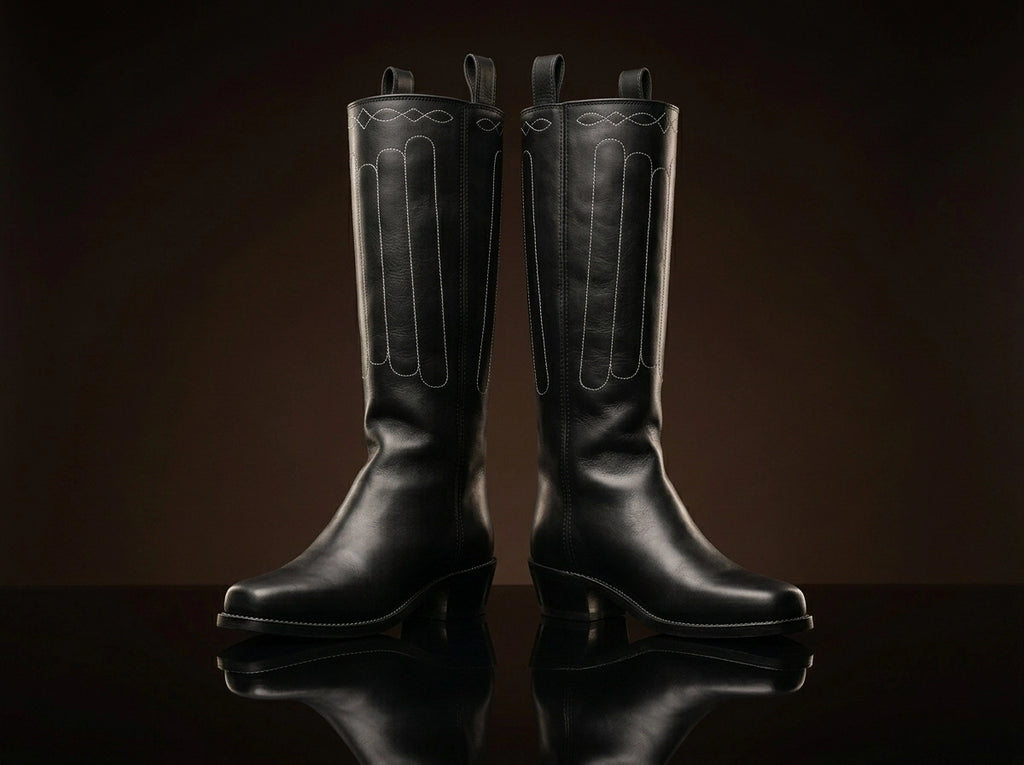 Front view of NOIRTIDE handmade Civil War cathedral tall boots