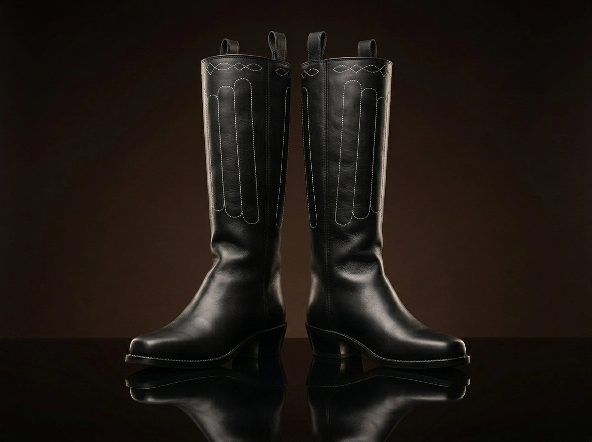 Front view of NOIRTIDE handmade Civil War cathedral tall boots