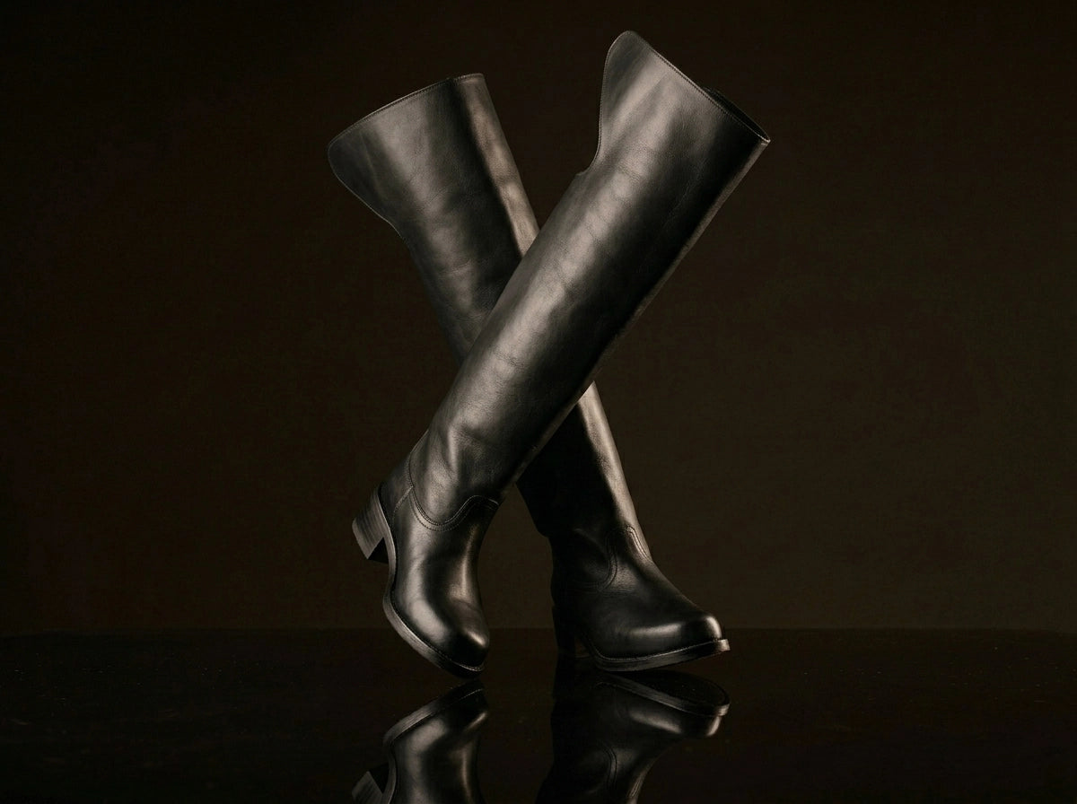 Front view of NOIRTIDE handmade Civil War cavalry dragoon boots