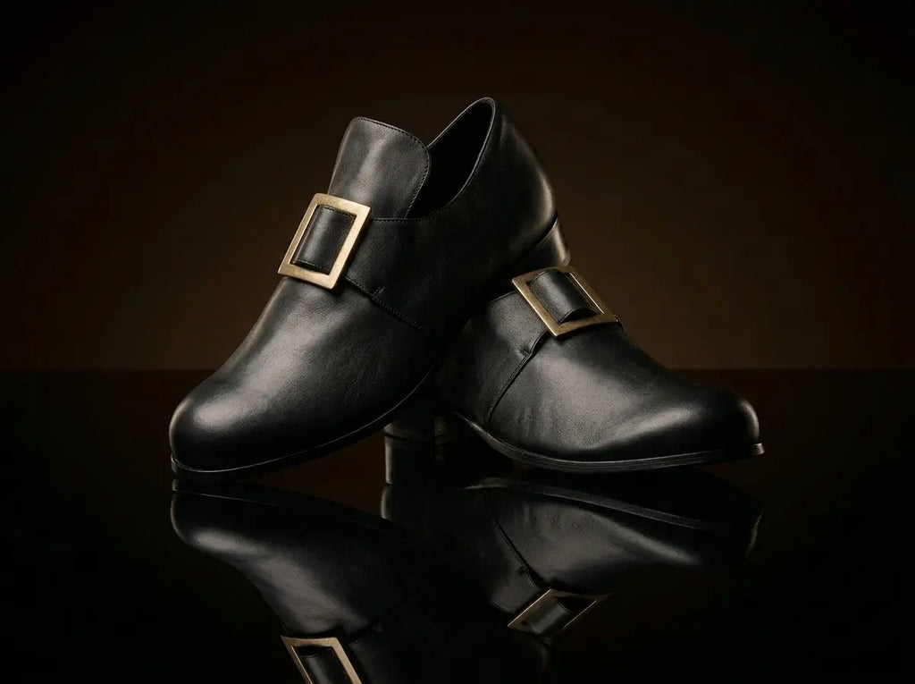 Gold buckle detail on authentic colonial Puritan shoes by NOIRTIDE