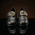 Front view of NOIRTIDE handmade colonial Puritan shoes round toe with gold buckle
