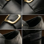 Leather texture on NOIRTIDE colonial Puritan round toe gold buckle period shoes