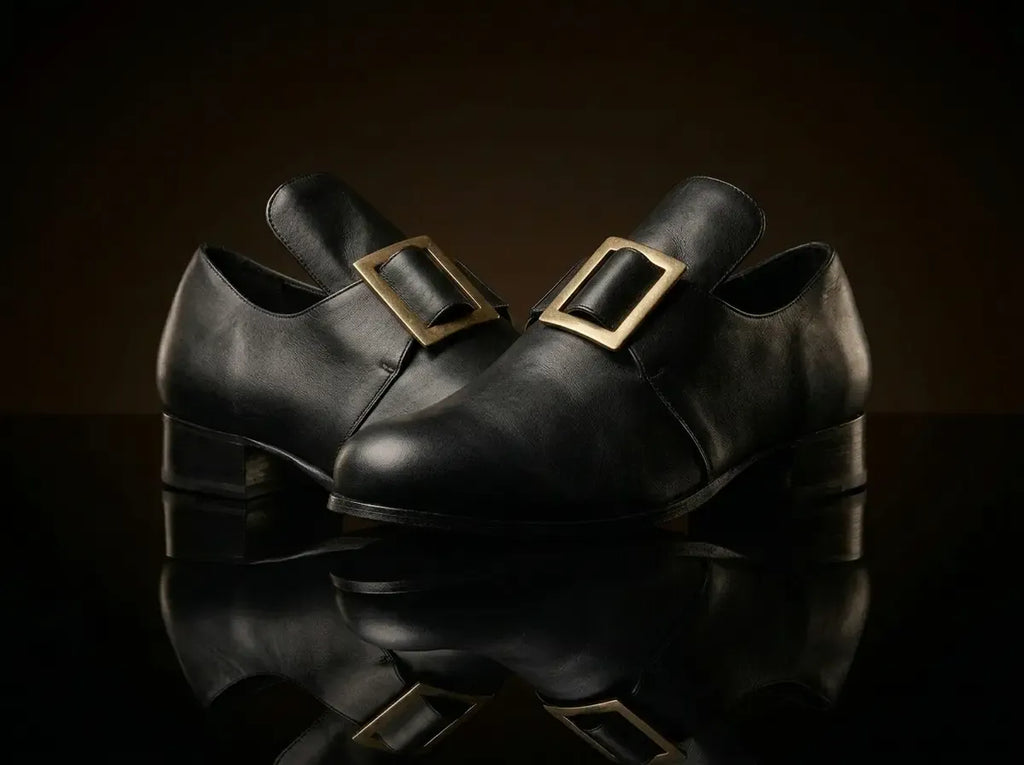 Leather texture on NOIRTIDE colonial Puritan gold buckle period shoes