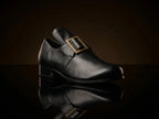 Colonial Puritan shoes with gold buckle — handmade 17th-century leather by NOIRTIDE