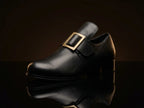 Colonial Puritan shoes with gold buckle — handmade 17th-century leather by NOIRTIDE