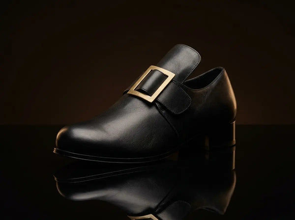 Colonial Puritan Shoes Gold Buckle Pointed Toe | NOIRTIDE Colonial Puritan Shoes Gold Buckle Pointed Toe | NOIRTIDE