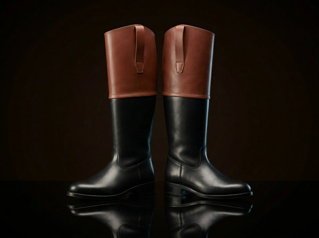 Tall shaft detail on handmade colonial riding boots for historical reenactment