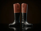 Tall shaft detail on handmade colonial riding boots for historical reenactment