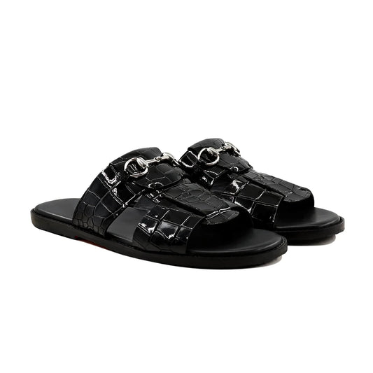 Noirtide Crocodile Patent Leather Horsebit Slipper For Men