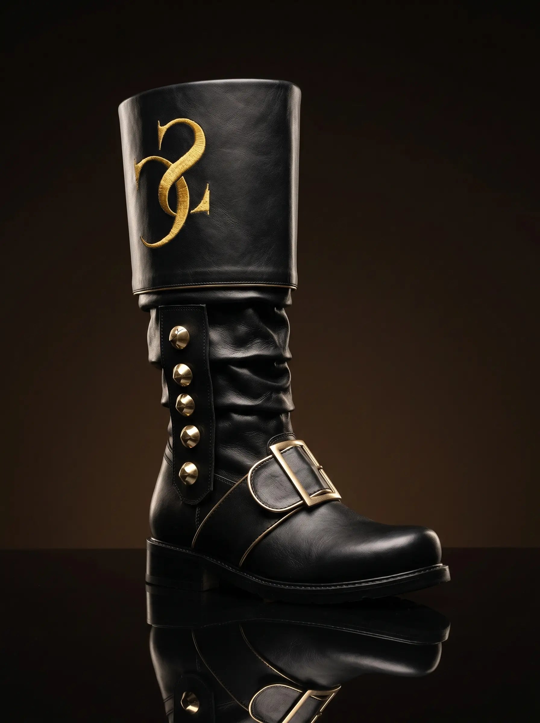 Embroidered Santa Claus boots in black leather — handmade by NOIRTIDE