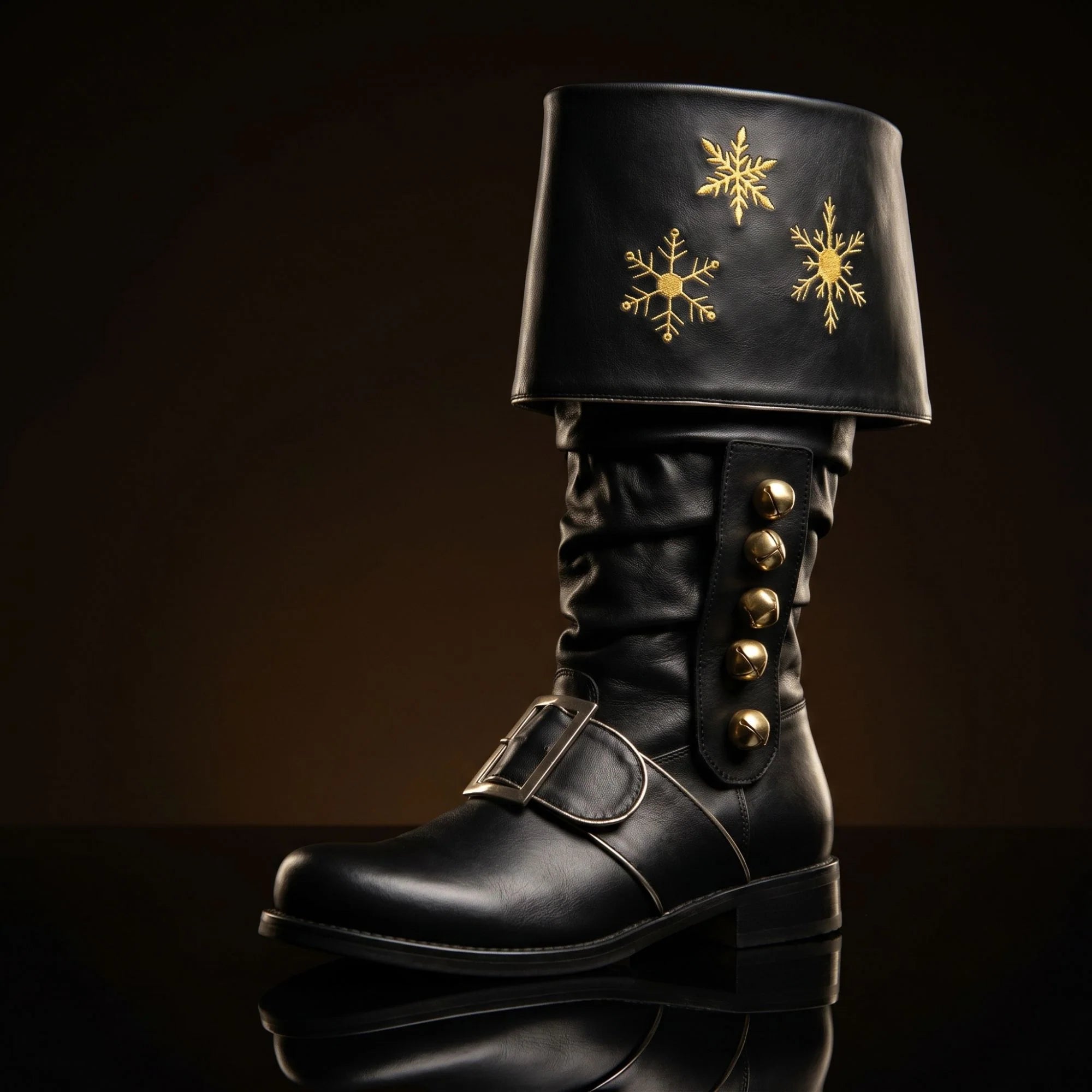 Embroidered Santa Claus boots in black leather — handmade by NOIRTIDE