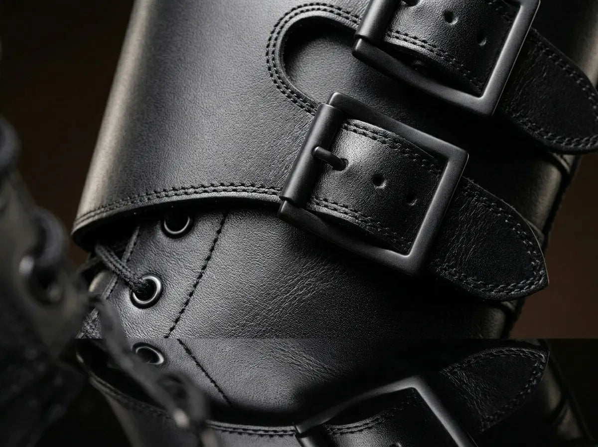 Ankle buckle closure detail on authentic French Army Ranger leather boots