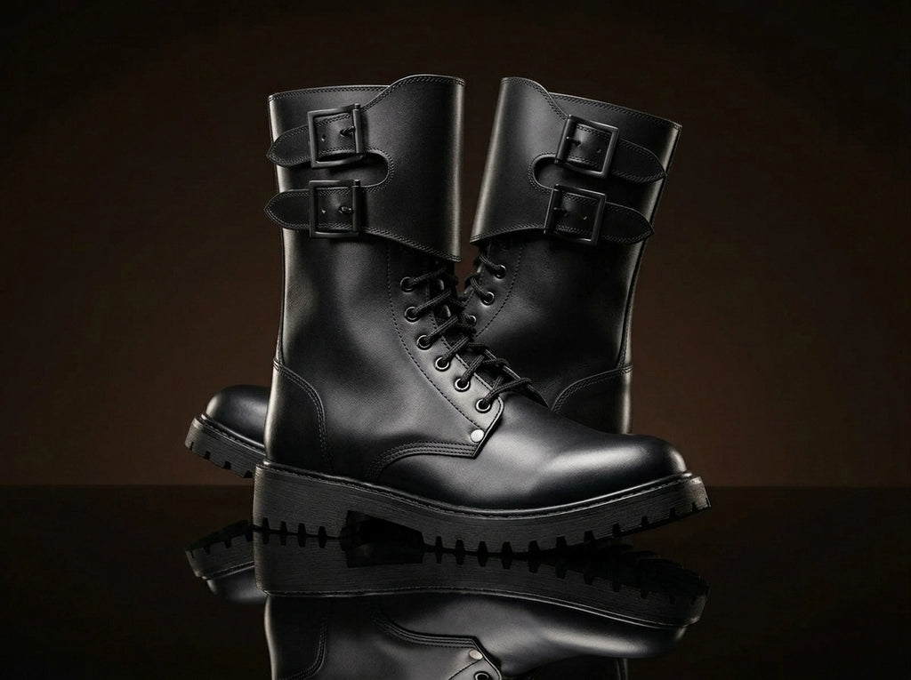 Leather upper detail on authentic French Army Ranger boots — made to order