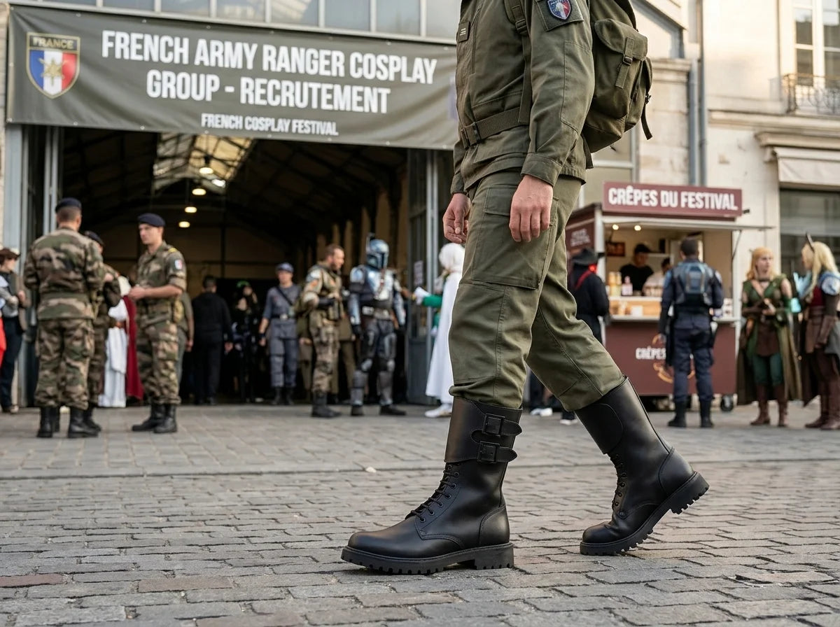 French Army Ranger buckle boots worn for military historical reenactment