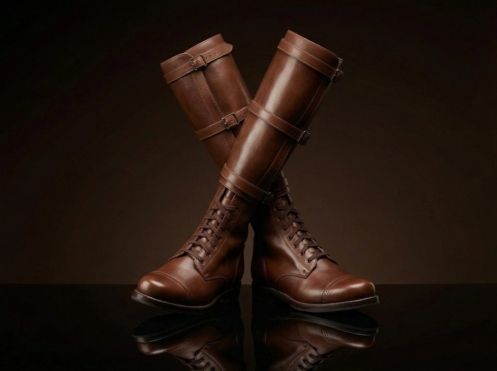 Front view of NOIRTIDE handmade Fury US Cavalry 3-buckle leather boots