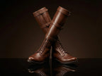 Front view of NOIRTIDE handmade Fury US Cavalry 3-buckle leather boots