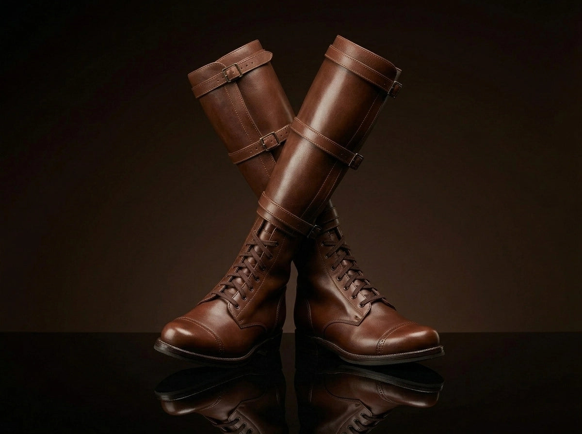 Front view of NOIRTIDE handmade Fury US Cavalry 3-buckle leather boots