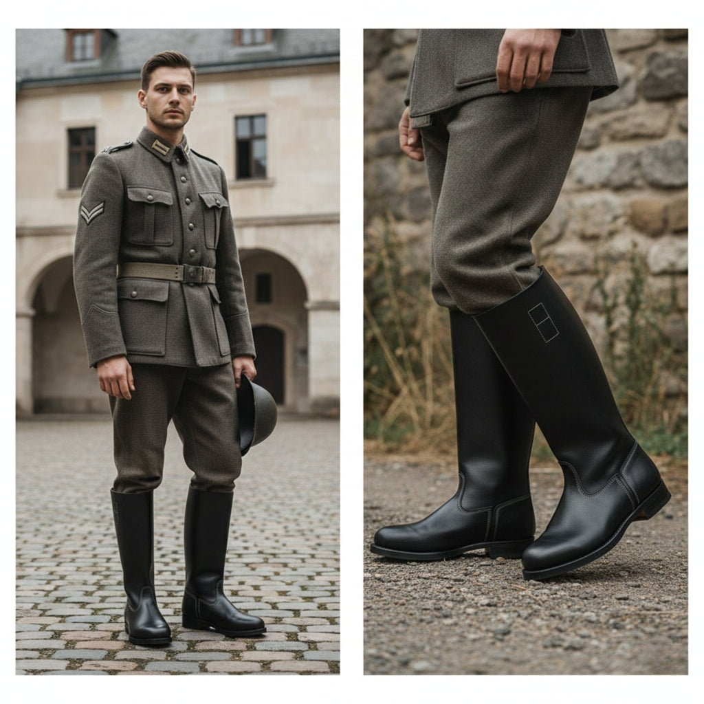 Black leather close-up on NOIRTIDE German Officer jackboots